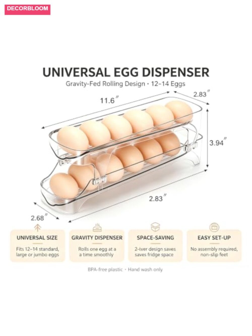 Clear 2-Tier Auto Rolling Egg Dispenser Holder for Fridge, Space Saving, - Picture 2 of 6
